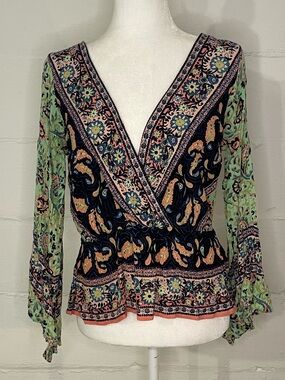 Free People Mixed Floral Wrap Top - Navy, Green & Coral Accents